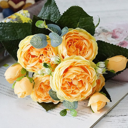 5 PCS Fleurs Artificielles Rose Petit Bouquet Flores Décoration de Fête de Mariage Fausse Fleur, Jaune, Blanc, Violet, Magenta, Rose, Rose et Magenta, Bleu