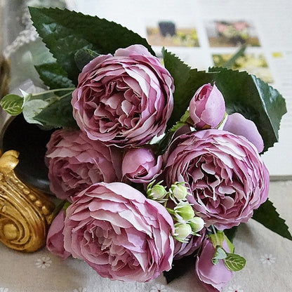 5 PCS Artificial Rose Flowers Small Bouquet Flores Home Party Wedding Fake Flower Decoration, Yellow, White, Purple, Magenta, Pink, Pink and Magenta, Blue