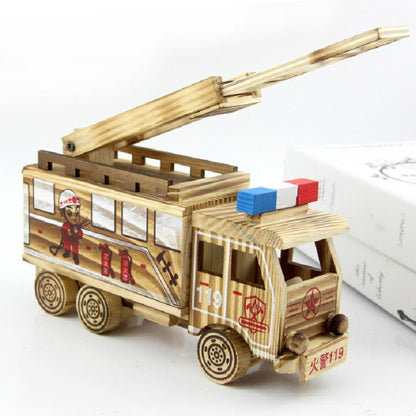 Simulation Fire Rescue Truck Creative Home Model Wooden Ornaments。, Fire Truck