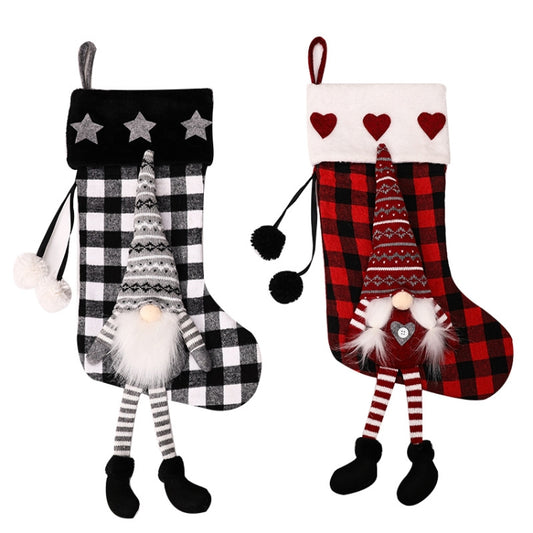 Pieds pendulaires Poupée sans visage Chaussettes de Noël Sac cadeau de décoration de Noël, Grille Rouge et Noire, Grille Noire et Blanche
