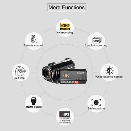 ORDRO AC5 4K HD Night Vision WiFi 12X Optical Zoom Digital Video DV Camera Camcorder, Standard, Standard + Microphone, Standard + Microphone + Handheld Stand, Standard+  Microphone + Fill Light