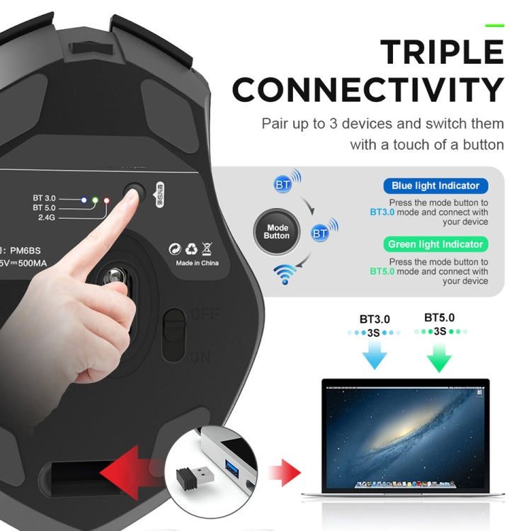 Inphic A1 6 Keys 1000/1200/1600 DPI Home Gaming Wireless Mechanical Mouse, Colour: Gray Wireless+Bluetooth 4.0+Bluetooth 5.0, Red Wireless Charging Silent Version, Gray Wireless+Bluetooth 4.0+Bluetooth 5.0, Black Wireless+Bluetooth 4.0+Bluetooth 5.0   ...