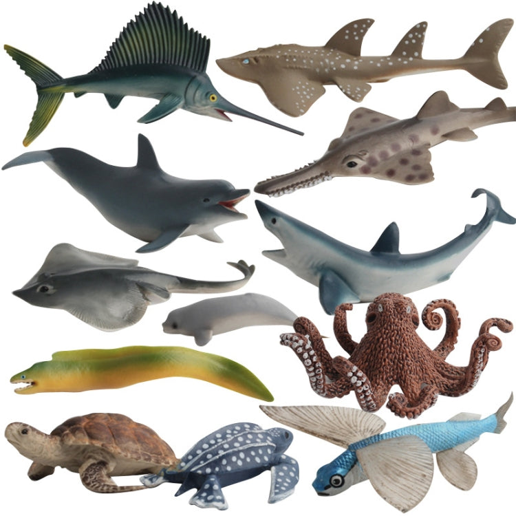 3er-Pack Simulation Meerestier Modell Ornamente, Sägezahnrochen, Rochen, Meeresschildkröte, Makohai, Glücklicher Delphin, Kleiner Seehund, Segelfisch, Geigenrochen, Krake, Fliegender Fisch, Lederschildkröte, Aal