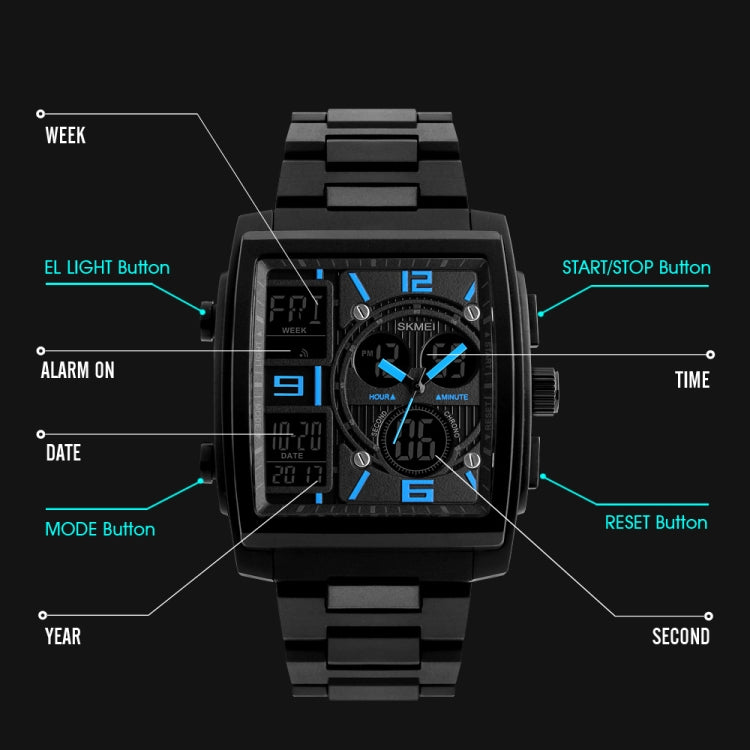SKMEI 1274 Montre électronique tendance pour hommes, multifonctionnelle, sport de plein air, rouge, bleu, noir, doré