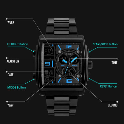 SKMEI 1274 Montre électronique tendance pour hommes, multifonctionnelle, sport de plein air, rouge, bleu, noir, doré