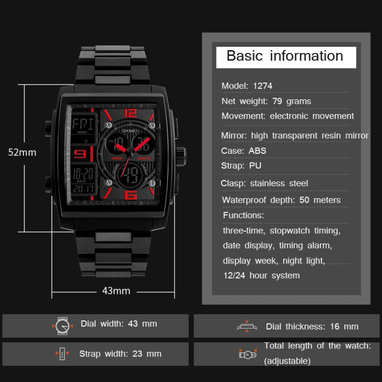 SKMEI 1274 Montre électronique tendance pour hommes, multifonctionnelle, sport de plein air, rouge, bleu, noir, doré