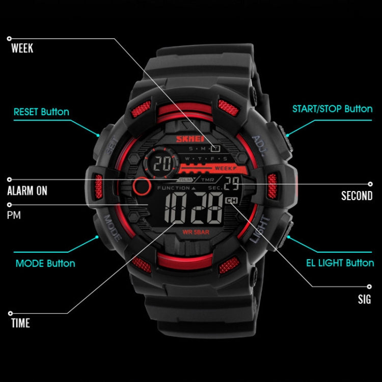 SKMEI 1243 Montre de Sport Homme Étanche Extérieure Digitale, Rouge, Noir, Doré