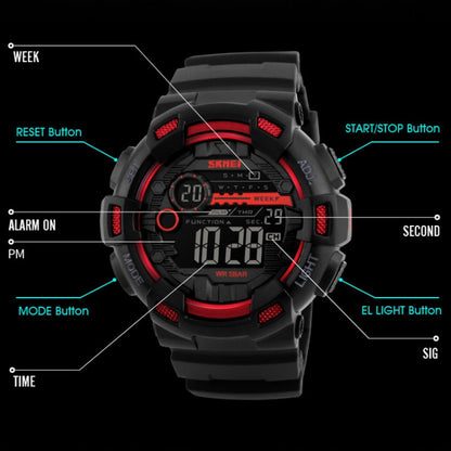 SKMEI 1243 Montre de Sport Homme Étanche Extérieure Digitale, Rouge, Noir, Doré