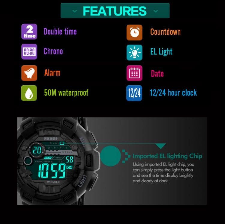 SKMEI 1243 Montre de Sport Homme Étanche Extérieure Digitale, Rouge, Noir, Doré