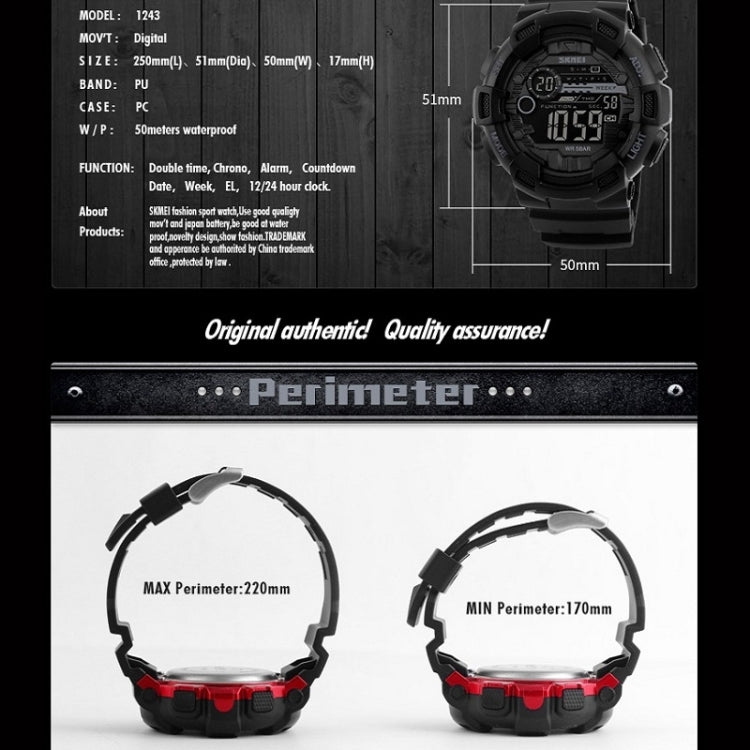 SKMEI 1243 Montre de Sport Homme Étanche Extérieure Digitale, Rouge, Noir, Doré