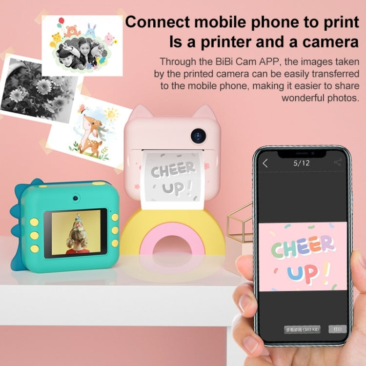 P1 No Card Children Instant Camera 1200W Front And Rear Dual-Lens Mini Print Photographic Digital Camera Toy(Green Dinosaur), Green Dinosaur No Card, Pink Cat No Card, Green Dinosaur 16GB, Pink Cat 16GB, Green Dinosaur 32GB, Pink Cat 32GB