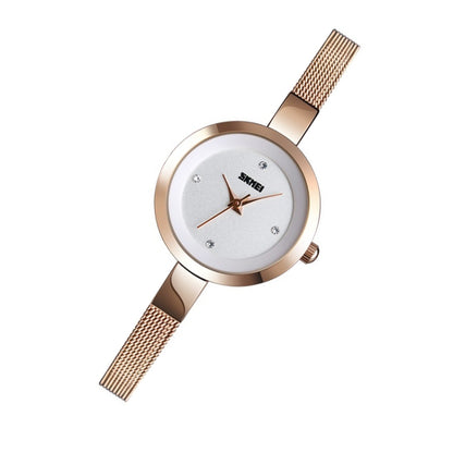 SKMEI 1390 Montre femme décontractée et professionnelle à bracelet en acier, mouvement à quartz léger, or rose, doré, argenté