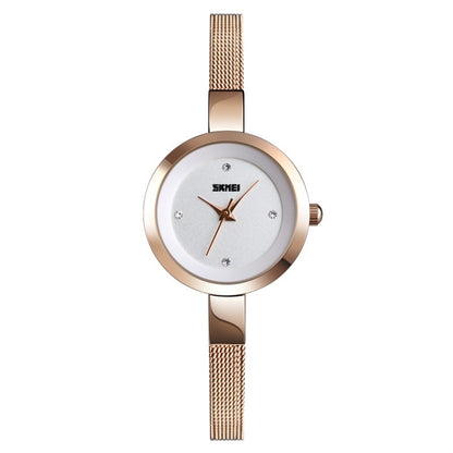 SKMEI 1390 Montre femme décontractée et professionnelle à bracelet en acier, mouvement à quartz léger, or rose, doré, argenté