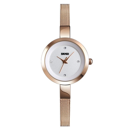 SKMEI 1390 Montre femme décontractée et professionnelle à bracelet en acier, mouvement à quartz léger, or rose, doré, argenté