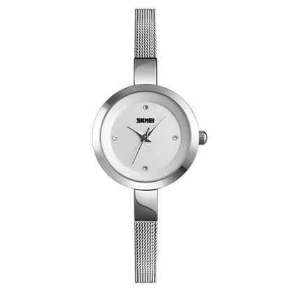 SKMEI 1390 Montre femme décontractée et professionnelle à bracelet en acier, mouvement à quartz léger, or rose, doré, argenté