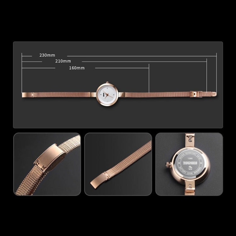 SKMEI 1390 Montre femme décontractée et professionnelle à bracelet en acier, mouvement à quartz léger, or rose, doré, argenté
