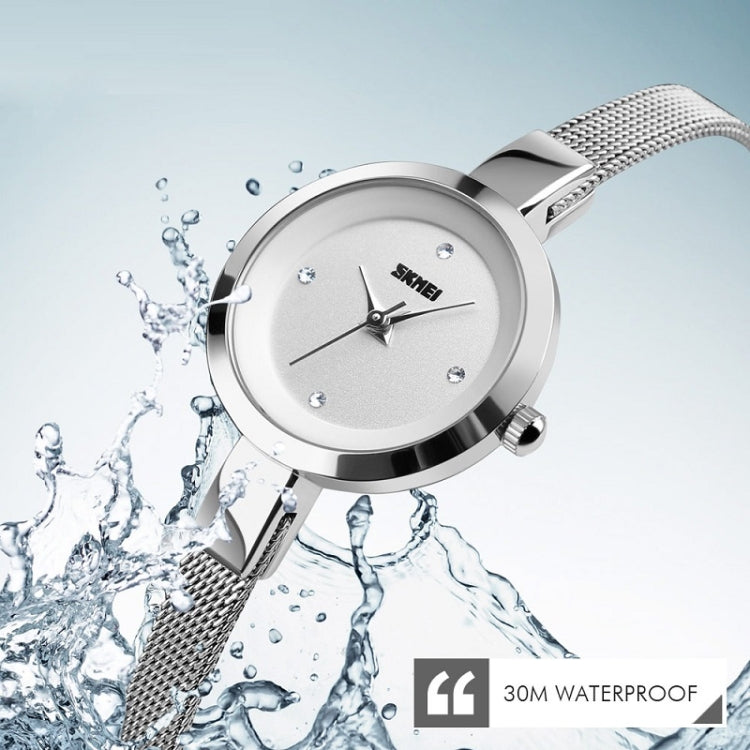 SKMEI 1390 Montre femme décontractée et professionnelle à bracelet en acier, mouvement à quartz léger, or rose, doré, argenté