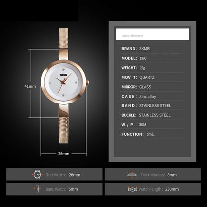 SKMEI 1390 Montre femme décontractée et professionnelle à bracelet en acier, mouvement à quartz léger, or rose, doré, argenté
