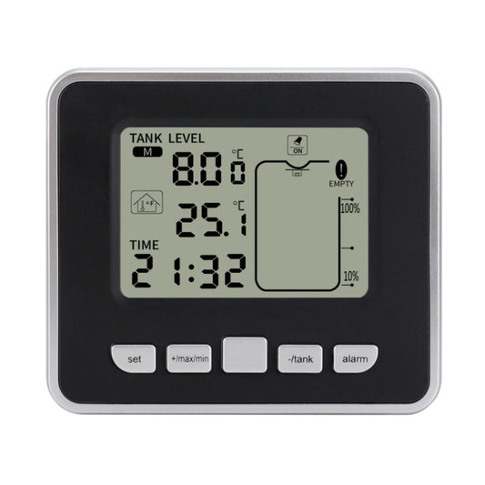 Medidor de nivel de agua electrónico ultrasónico multifuncional TS-FT002 para tanques de agua con termómetro de temperatura interior y pantalla de reloj.