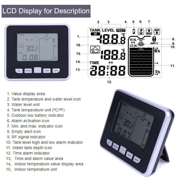 Jauge de niveau d'eau électronique ultrasonique multifonctionnelle TS-FT002 avec thermomètre de température intérieure et affichage de l'horloge, TS-FT002