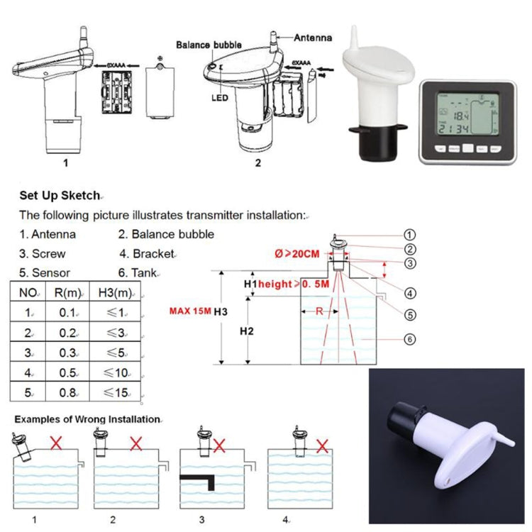 Jauge de niveau d'eau électronique ultrasonique multifonctionnelle TS-FT002 avec thermomètre de température intérieure et affichage de l'horloge, TS-FT002