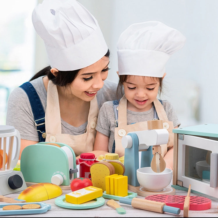 Children Simulation Kitchen Set Baby Wooden Food Cutting Pretend Play Toy, Bread Maker, Coffee Machine, Juicer, Blender, Mini Oven, Delicious Salad Set, Waffles
