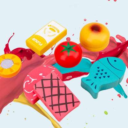 Children Simulation Kitchen Set Baby Wooden Food Cutting Pretend Play Toy, Bread Maker, Coffee Machine, Juicer, Blender, Mini Oven, Delicious Salad Set, Waffles