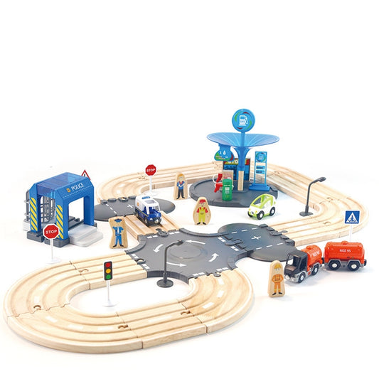 Ensemble de jeu multifonctionnel en bois avec piste routière pour poste de police, blocs de construction à assembler pour bébé, jouets éducatifs pour la petite enfance, ensemble de jeu avec piste routière pour poste de police