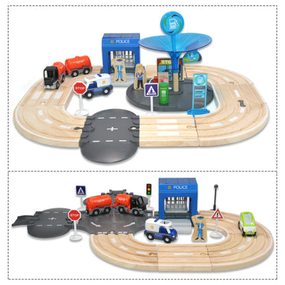 Ensemble de jeu multifonctionnel en bois avec piste routière pour poste de police, blocs de construction à assembler pour bébé, jouets éducatifs pour la petite enfance, ensemble de jeu avec piste routière pour poste de police