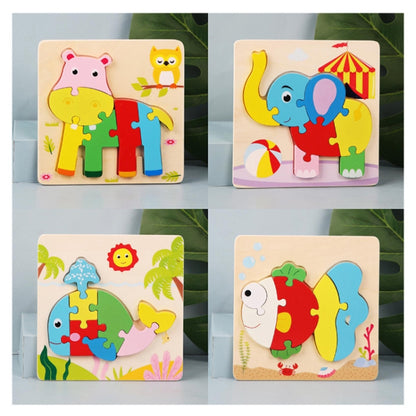 4 PCS / Sets Of Children Early Education Three-Dimensional Wooden Animal Puzzle Toys, Tiger + Kitten + Submarine + Ambulance, Elephant + Hippo + Whale + Ocean Fish, Panda + Bear + Rocket + Ship, Duck + Dragonfly + Rhino + Pony
