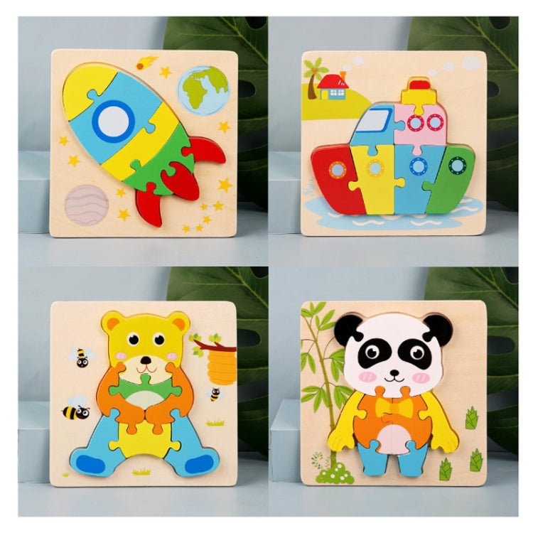 4 PCS / Sets Of Children Early Education Three-Dimensional Wooden Animal Puzzle Toys, Tiger + Kitten + Submarine + Ambulance, Elephant + Hippo + Whale + Ocean Fish, Panda + Bear + Rocket + Ship, Duck + Dragonfly + Rhino + Pony