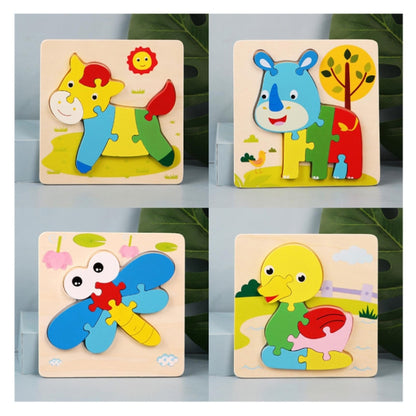 4 PCS / Sets Of Children Early Education Three-Dimensional Wooden Animal Puzzle Toys, Tiger + Kitten + Submarine + Ambulance, Elephant + Hippo + Whale + Ocean Fish, Panda + Bear + Rocket + Ship, Duck + Dragonfly + Rhino + Pony