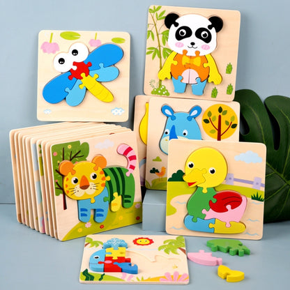 4 PCS / Sets Of Children Early Education Three-Dimensional Wooden Animal Puzzle Toys, Tiger + Kitten + Submarine + Ambulance, Elephant + Hippo + Whale + Ocean Fish, Panda + Bear + Rocket + Ship, Duck + Dragonfly + Rhino + Pony