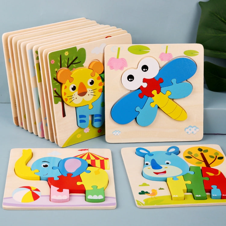 4 PCS / Sets Of Children Early Education Three-Dimensional Wooden Animal Puzzle Toys, Tiger + Kitten + Submarine + Ambulance, Elephant + Hippo + Whale + Ocean Fish, Panda + Bear + Rocket + Ship, Duck + Dragonfly + Rhino + Pony