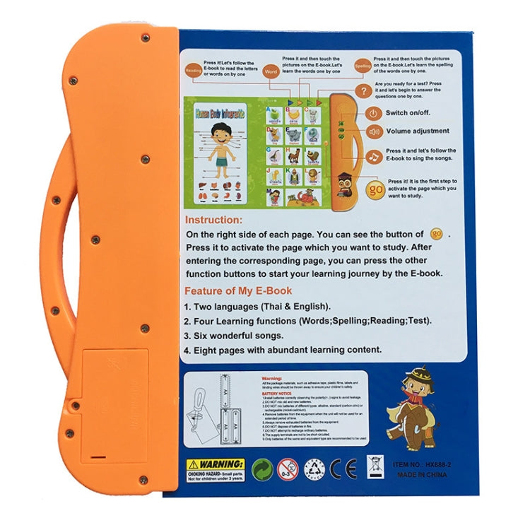 Livre numérique d'apprentissage anglais thaï, Puzzle, Livre audio électrique pour enfants, Orange, Vert