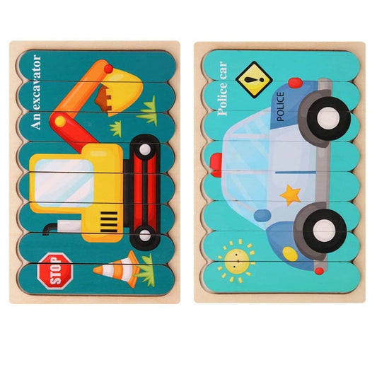 QBT01 Children Double-Sided Wooden Puzzle Bar Puzzle Toy, Excavator + Police Car, Airplane + Rocket, Mud Tanker + Truck, School Bus + Ship, Pig (Yellow) + Pig (Green), Big Gray Wolf + Pig (Pink), Little Red Riding Hood + Big Big Wolf, Crow + Bee