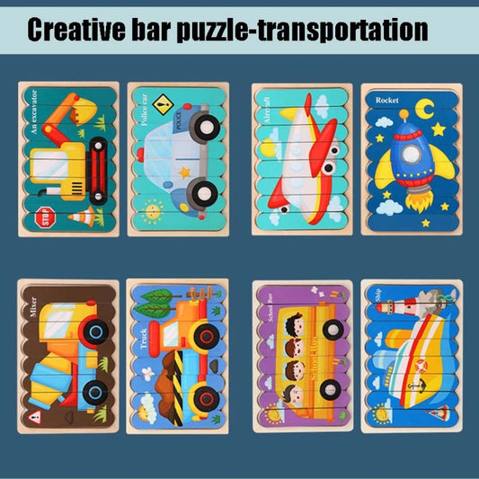 QBT01 Children Double-Sided Wooden Puzzle Bar Puzzle Toy, Excavator + Police Car, Airplane + Rocket, Mud Tanker + Truck, School Bus + Ship, Pig (Yellow) + Pig (Green), Big Gray Wolf + Pig (Pink), Little Red Riding Hood + Big Big Wolf, Crow + Bee       ...