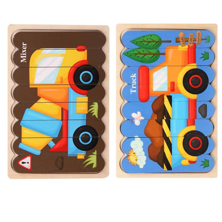 QBT01 Children Double-Sided Wooden Puzzle Bar Puzzle Toy, Excavator + Police Car, Airplane + Rocket, Mud Tanker + Truck, School Bus + Ship, Pig (Yellow) + Pig (Green), Big Gray Wolf + Pig (Pink), Little Red Riding Hood + Big Big Wolf, Crow + Bee       ...