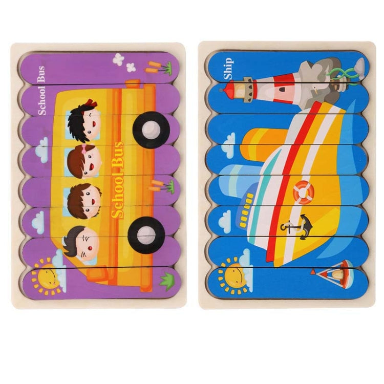 QBT01 Children Double-Sided Wooden Puzzle Bar Puzzle Toy, Excavator + Police Car, Airplane + Rocket, Mud Tanker + Truck, School Bus + Ship, Pig (Yellow) + Pig (Green), Big Gray Wolf + Pig (Pink), Little Red Riding Hood + Big Big Wolf, Crow + Bee       ...