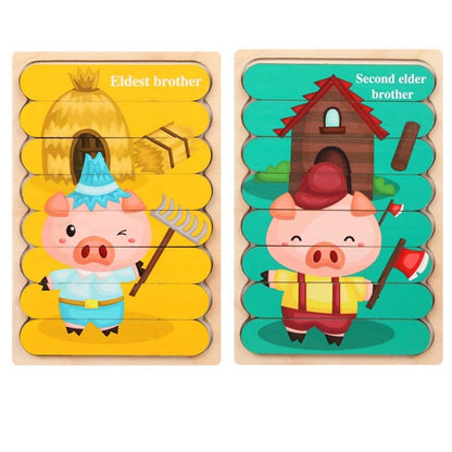 QBT01 Children Double-Sided Wooden Puzzle Bar Puzzle Toy, Excavator + Police Car, Airplane + Rocket, Mud Tanker + Truck, School Bus + Ship, Pig (Yellow) + Pig (Green), Big Gray Wolf + Pig (Pink), Little Red Riding Hood + Big Big Wolf, Crow + Bee       ...