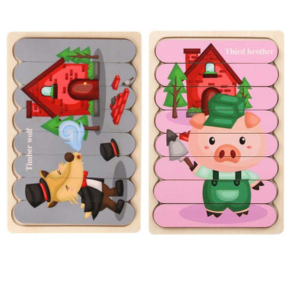 QBT01 Children Double-Sided Wooden Puzzle Bar Puzzle Toy, Excavator + Police Car, Airplane + Rocket, Mud Tanker + Truck, School Bus + Ship, Pig (Yellow) + Pig (Green), Big Gray Wolf + Pig (Pink), Little Red Riding Hood + Big Big Wolf, Crow + Bee       ...