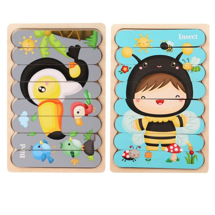 QBT01 Children Double-Sided Wooden Puzzle Bar Puzzle Toy, Excavator + Police Car, Airplane + Rocket, Mud Tanker + Truck, School Bus + Ship, Pig (Yellow) + Pig (Green), Big Gray Wolf + Pig (Pink), Little Red Riding Hood + Big Big Wolf, Crow + Bee       ...