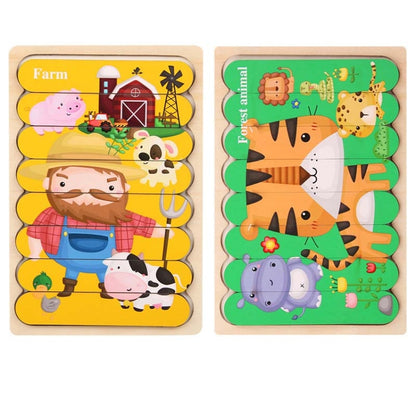 QBT01 Children Double-Sided Wooden Puzzle Bar Puzzle Toy, Excavator + Police Car, Airplane + Rocket, Mud Tanker + Truck, School Bus + Ship, Pig (Yellow) + Pig (Green), Big Gray Wolf + Pig (Pink), Little Red Riding Hood + Big Big Wolf, Crow + Bee       ...