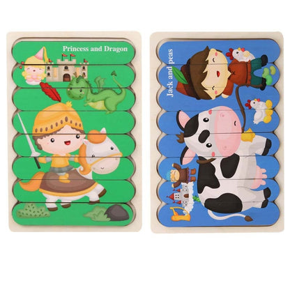 QBT01 Children Double-Sided Wooden Puzzle Bar Puzzle Toy, Excavator + Police Car, Airplane + Rocket, Mud Tanker + Truck, School Bus + Ship, Pig (Yellow) + Pig (Green), Big Gray Wolf + Pig (Pink), Little Red Riding Hood + Big Big Wolf, Crow + Bee       ...