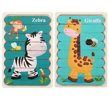 QBT01 Children Double-Sided Wooden Puzzle Bar Puzzle Toy, Excavator + Police Car, Airplane + Rocket, Mud Tanker + Truck, School Bus + Ship, Pig (Yellow) + Pig (Green), Big Gray Wolf + Pig (Pink), Little Red Riding Hood + Big Big Wolf, Crow + Bee       ...