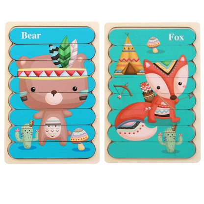 QBT01 Children Double-Sided Wooden Puzzle Bar Puzzle Toy, Excavator + Police Car, Airplane + Rocket, Mud Tanker + Truck, School Bus + Ship, Pig (Yellow) + Pig (Green), Big Gray Wolf + Pig (Pink), Little Red Riding Hood + Big Big Wolf, Crow + Bee       ...