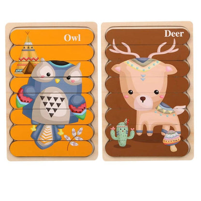 QBT01 Children Double-Sided Wooden Puzzle Bar Puzzle Toy, Excavator + Police Car, Airplane + Rocket, Mud Tanker + Truck, School Bus + Ship, Pig (Yellow) + Pig (Green), Big Gray Wolf + Pig (Pink), Little Red Riding Hood + Big Big Wolf, Crow + Bee       ...