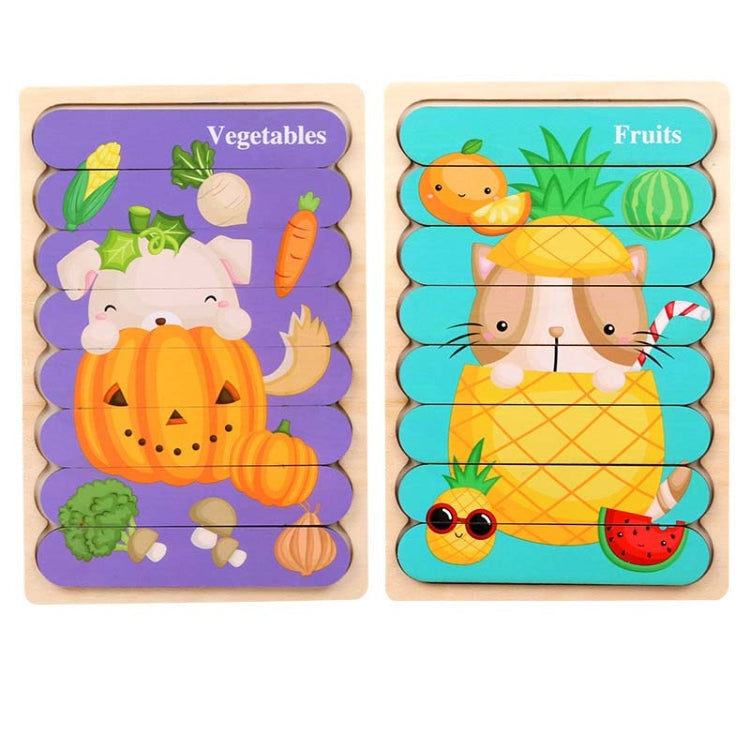 QBT01 Children Double-Sided Wooden Puzzle Bar Puzzle Toy, Excavator + Police Car, Airplane + Rocket, Mud Tanker + Truck, School Bus + Ship, Pig (Yellow) + Pig (Green), Big Gray Wolf + Pig (Pink), Little Red Riding Hood + Big Big Wolf, Crow + Bee       ...