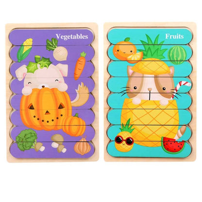 QBT01 Children Double-Sided Wooden Puzzle Bar Puzzle Toy, Excavator + Police Car, Airplane + Rocket, Mud Tanker + Truck, School Bus + Ship, Pig (Yellow) + Pig (Green), Big Gray Wolf + Pig (Pink), Little Red Riding Hood + Big Big Wolf, Crow + Bee       ...