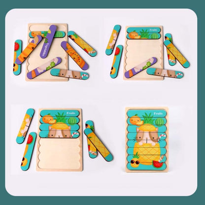 QBT01 Children Double-Sided Wooden Puzzle Bar Puzzle Toy, Excavator + Police Car, Airplane + Rocket, Mud Tanker + Truck, School Bus + Ship, Pig (Yellow) + Pig (Green), Big Gray Wolf + Pig (Pink), Little Red Riding Hood + Big Big Wolf, Crow + Bee       ...